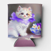 紫色の花首付き白絵画猫 缶クーラー (正面)