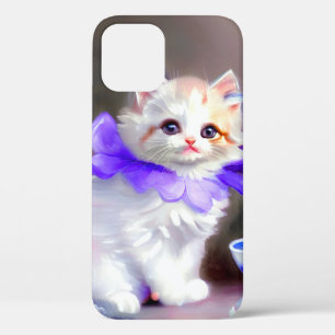 紫色の花首付き白絵画猫 iPhone 12ケース