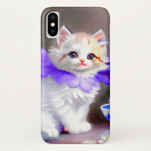 紫色の花首付き白絵画猫 iPhone X ケース