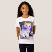 紫色の花首付き白絵画猫 Tシャツ (正面フル)