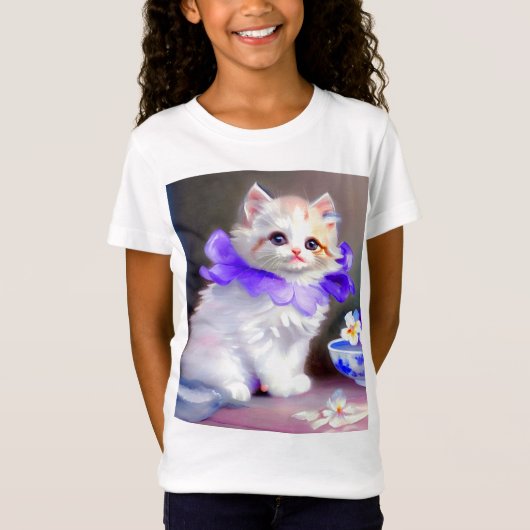 紫色の花首付き白絵画猫 Tシャツ (正面)