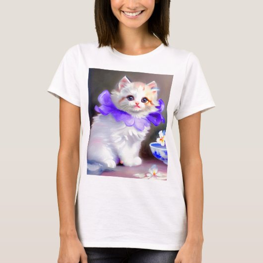 紫色の花首付き白絵画猫 Tシャツ (正面)