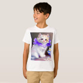 紫色の花首付き白絵画猫 Tシャツ (正面フル)