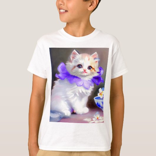 紫色の花首付き白絵画猫 Tシャツ (正面)