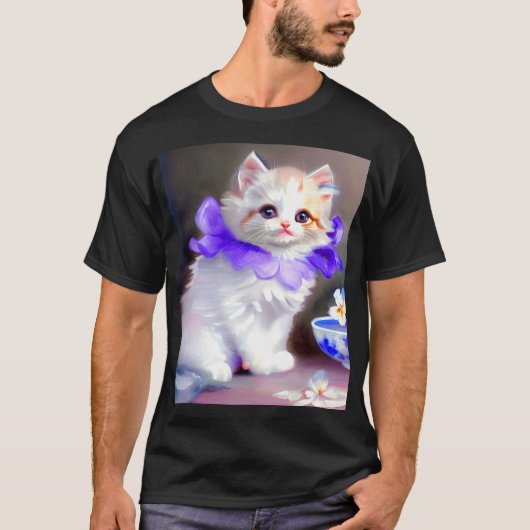 紫色の花首付き白絵画猫 Tシャツ (正面)