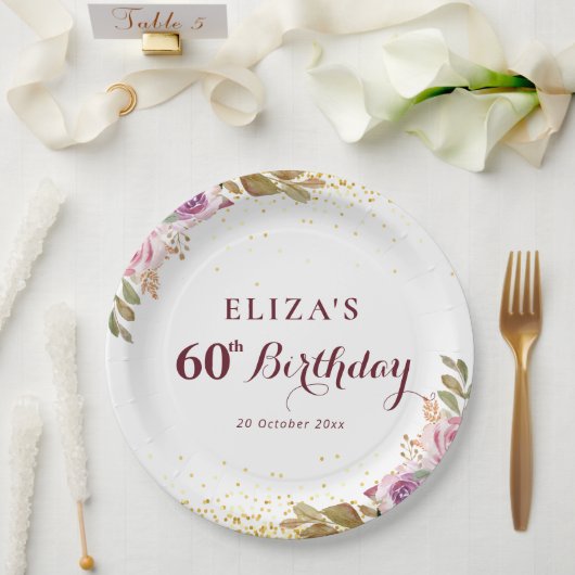 紫色の花60th誕生日パーティー ペーパープレート (ウェディング)