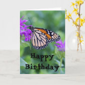 紫色の花、ハッピーバースデーの（昆虫）オオカバマダラ、モナーク カード (黄色い花)