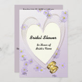 紫色の花、ハートフレーム、リングや輪ブライダルシャワー 招待状 (正面/裏面)