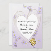 紫色の花、ハートフレーム、リングや輪、結婚式の招待 招待状 (正面)