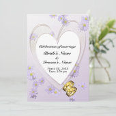 紫色の花、ハートフレーム、リングや輪、結婚式の招待 招待状 (スタンド正面)
