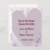 紫色の花、ハート、リングや輪、日付を保存PCard 案内ポストカード (正面/裏面)