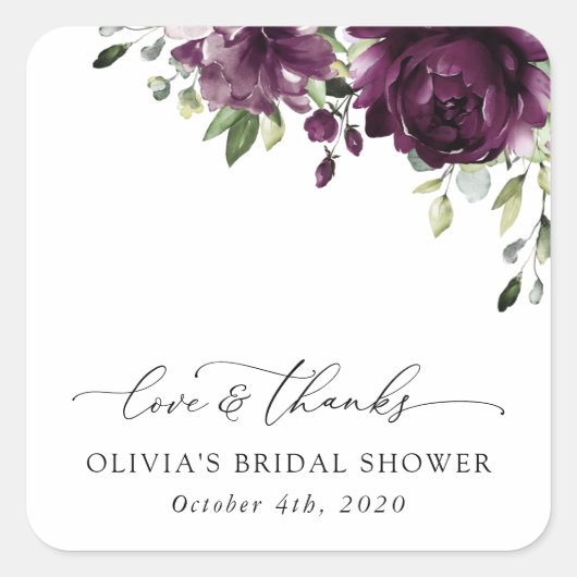 紫色の花、梅の花、ぼほ、ブライダルシャワー スクエアシール (正面)