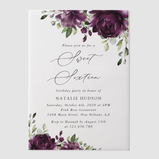紫色の花、梅の花、ぼほ、甘い16 ベラム紙招待状 (正面)