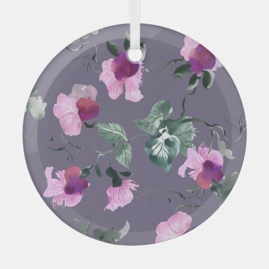 紫色の花：水色のシームレスなパターン。 ガラスオーナメント (正面)
