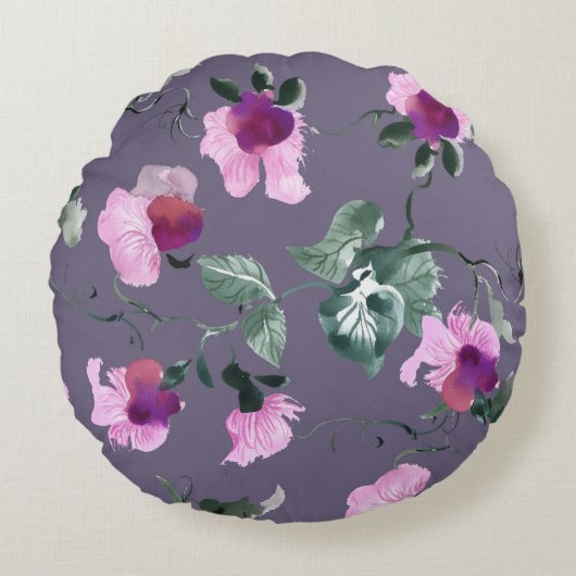 紫色の花：水色のシームレスなパターン。 ラウンドクッション (正面)
