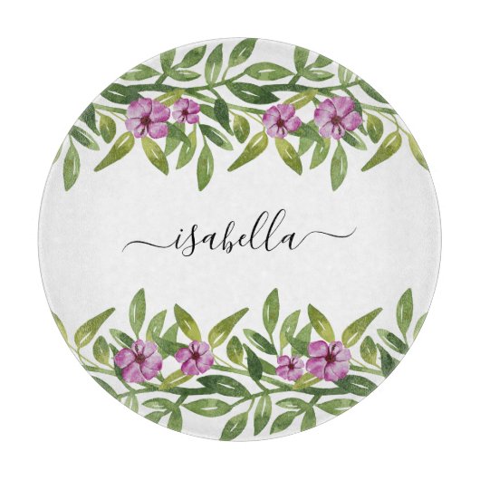 紫色の花、緑とタイポグラフィ春 カッティングボード (正面)