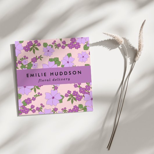 紫色の花、緑、花屋、花屋 スクエア名刺