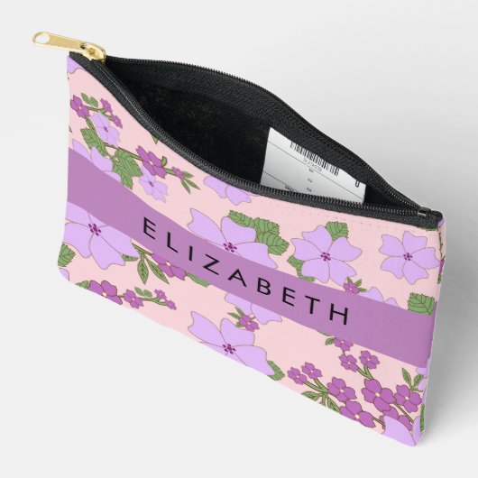 紫色の花、花のパターン、あなたの名前 アクセサリーポーチ (見開き)