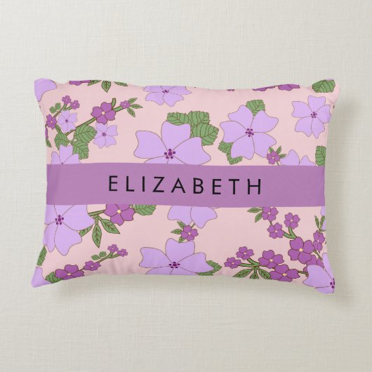 紫色の花、花のパターン、あなたの名前 アクセントクッション (裏面)