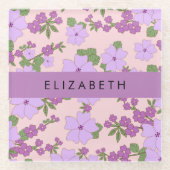 紫色の花、花のパターン、あなたの名前 ガラスコースター (正面)