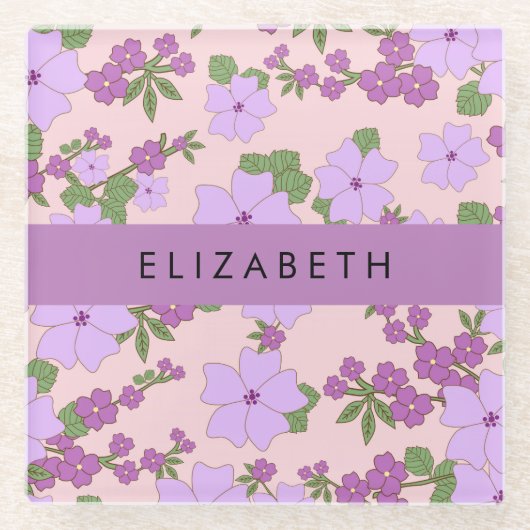 紫色の花、花のパターン、あなたの名前 ガラスコースター (正面)