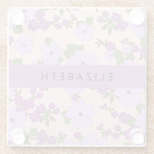 紫色の花、花のパターン、あなたの名前 ガラスコースター (裏面)