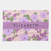 紫色の花、花のパターン、あなたの名前 キッチンタオル (横)