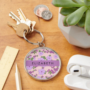 紫色の花、花のパターン、あなたの名前 キーホルダー