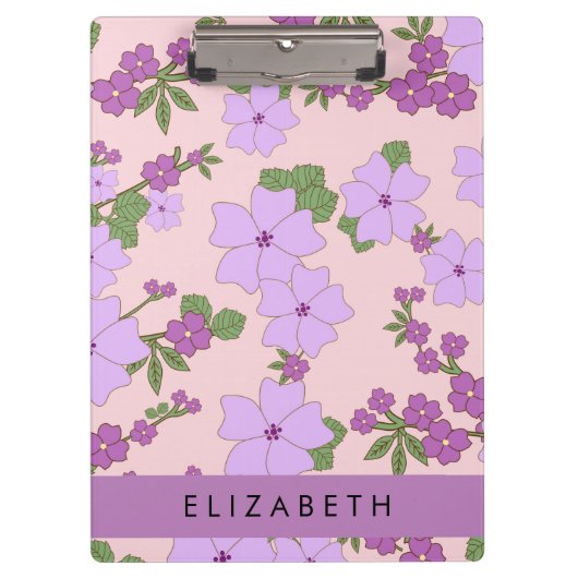 紫色の花、花のパターン、あなたの名前 クリップボード (正面)