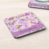 紫色の花、花のパターン、あなたの名前 コースター (左側)
