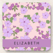 紫色の花、花のパターン、あなたの名前 コースター (正面)
