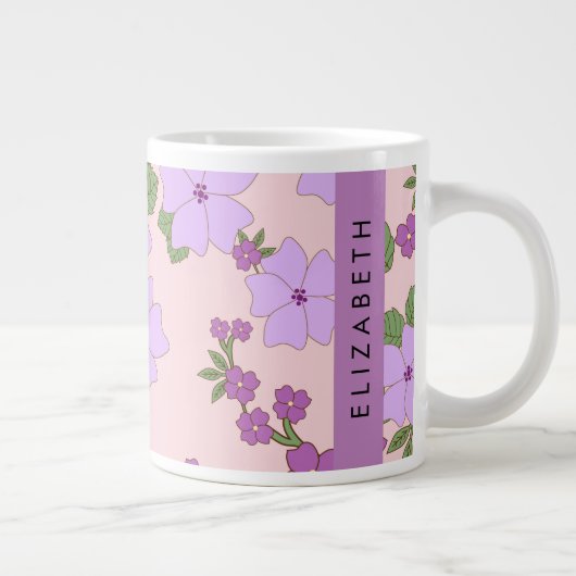 紫色の花、花のパターン、あなたの名前 ジャンボコーヒーマグカップ (右)
