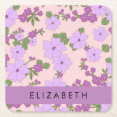 紫色の花、花のパターン、あなたの名前 スクエアペーパーコースター (正面)