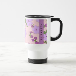 紫色の花、花のパターン、あなたの名前 トラベルマグ