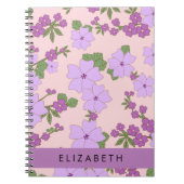 紫色の花、花のパターン、あなたの名前 ノートブック (正面)