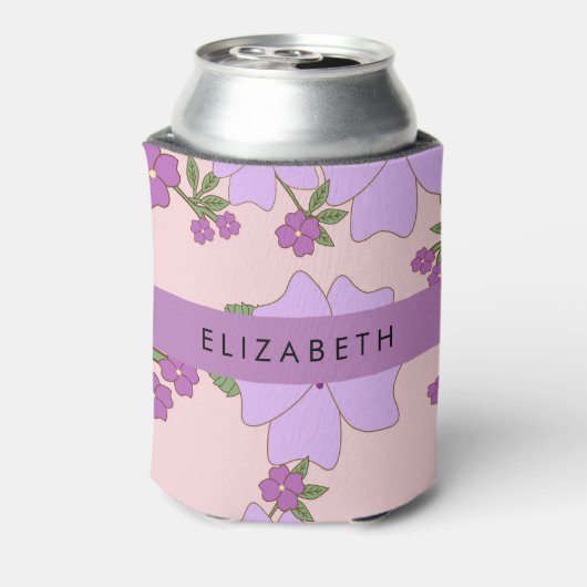 紫色の花、花のパターン、あなたの名前 缶クーラー (缶裏面)
