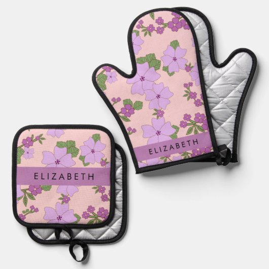 紫色の花、花のパターン、あなたの名前 鍋つかみ&鍋敷きセット (正面/裏面)