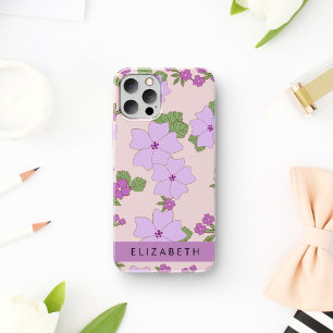 紫色の花、花のパターン、あなたの名前 iPhone 12 PROケース