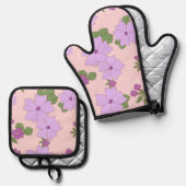 紫色の花、花柄、花柄 鍋つかみ&鍋敷きセット (正面/裏面)