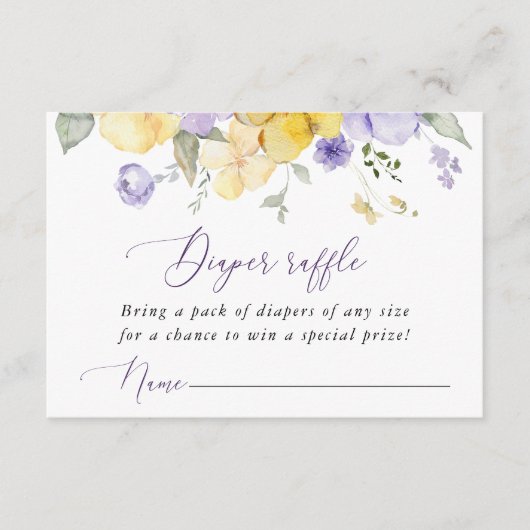 紫色の花、黄色の花、おむつラッフル エンクロージャーカード (正面)