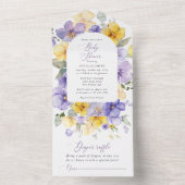 紫色の花、黄色の花、ぼほ、赤ちゃんシャワー オールインワン招待状 (内側)