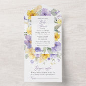 紫色の花、黄色の花、ぼほ、赤ちゃんシャワー オールインワン招待状 (内側)