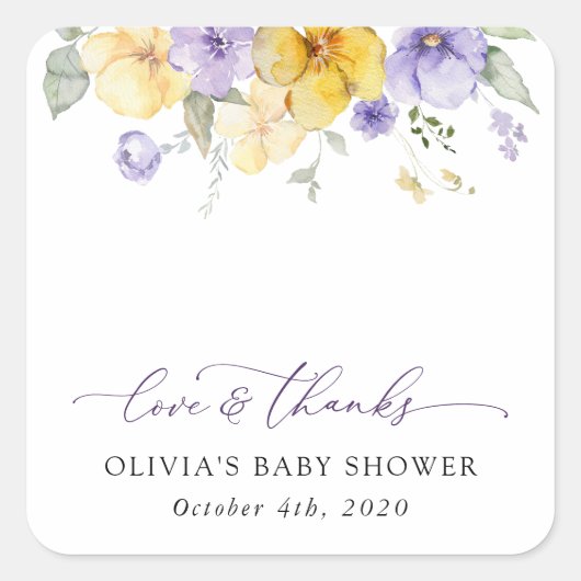 紫色の花、黄色の花、ぼほ、赤ちゃんシャワー スクエアシール (正面)