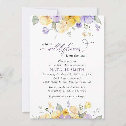 紫色の花、黄色の花、ぼほ、赤ちゃんシャワー 招待状 (正面)