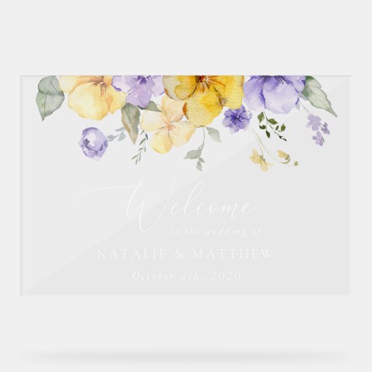 紫色の花、黄色の花、結婚の歓迎 アクリルサイン (正面)