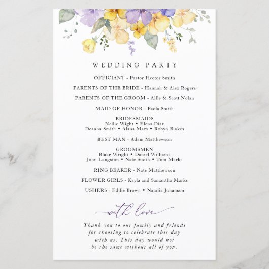 紫色の花、黄色の花、結婚式 プログラム (裏面)