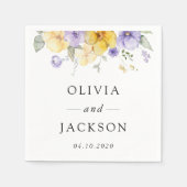 紫色の花、黄色の花、緑結婚色、 スタンダードカクテルナプキン (正面)