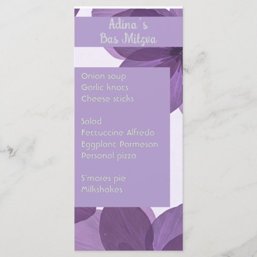 紫色の花Bas Mitzvaパーティーメニュー メニュー (正面)