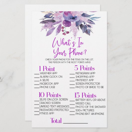 紫色の花What is In Phoneブライダルシャワーゲーム 便箋 (正面/裏面)