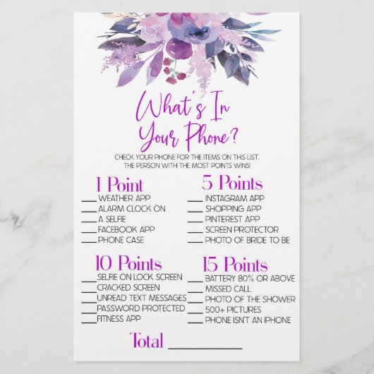 紫色の花What is In Phoneブライダルシャワーゲーム 便箋 (正面)